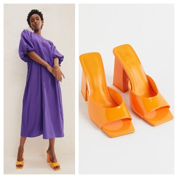 H&M Square Toe Chunky Heel Patent Mules Sandals in Yellow Orange Size 7 NEW - Picture 1 of 11